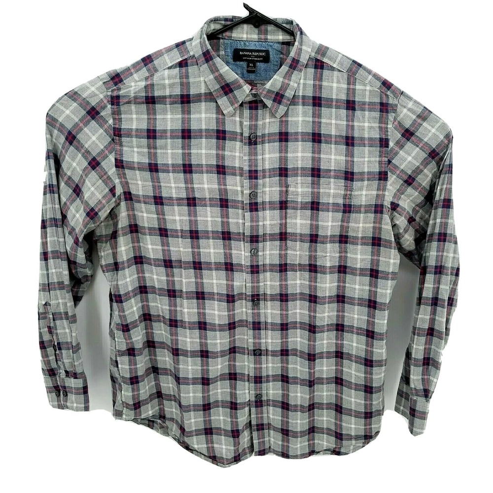Banana Republic‎ Shirt Mens XL Gray Plaid Soft Wash Standard Fit Long Sleeve